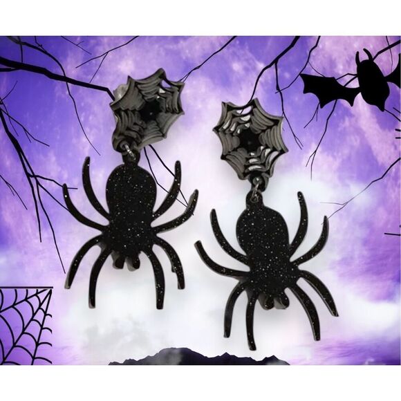 NWT Spooky Black Glittery Spider And Spiderweb Dangle Drop Earrings - Picture 1 of 5